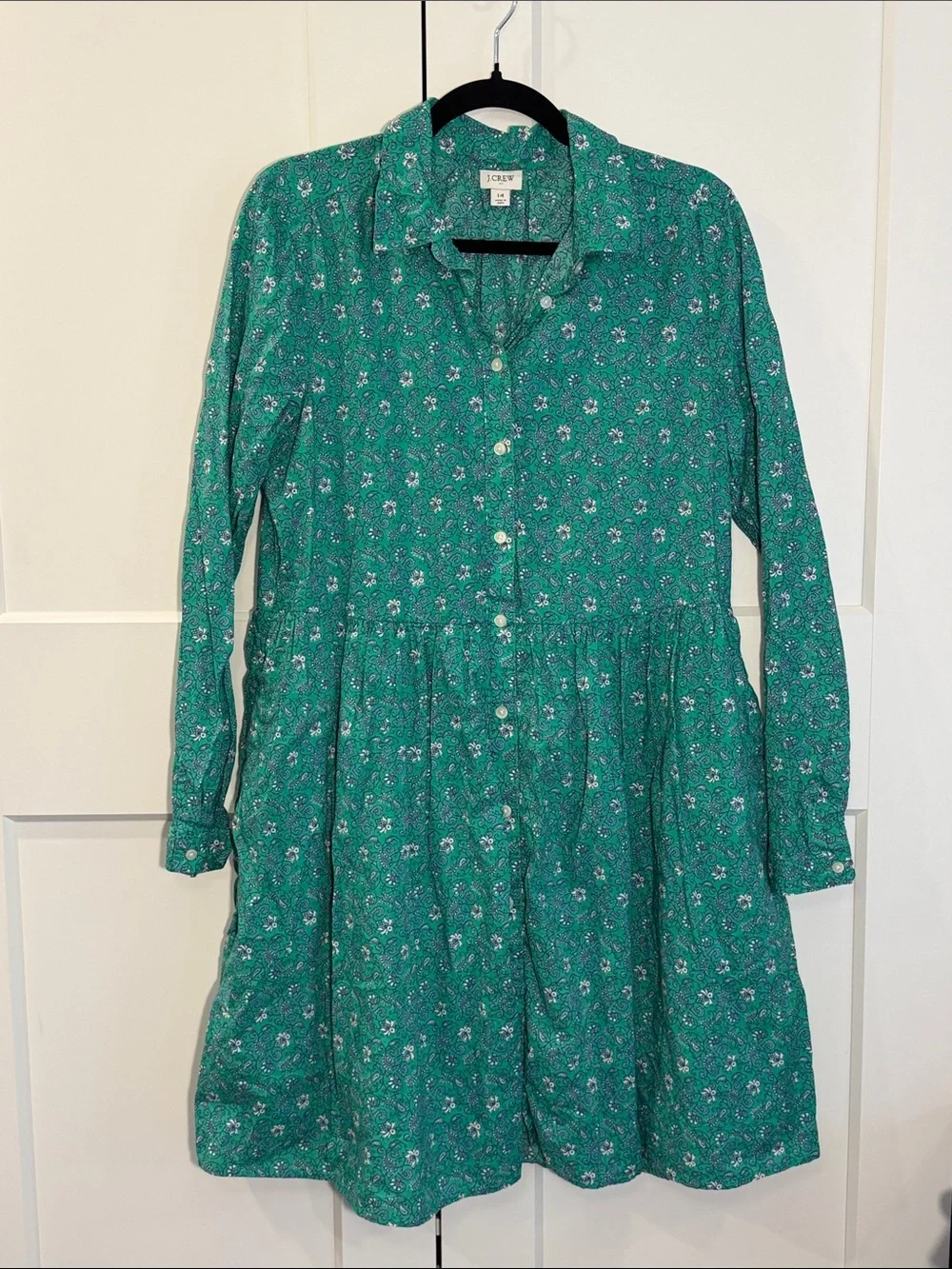 J. Crew Teal Green Floral Long-Sleeve Button Dress